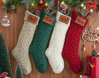 2025 Family Christmas Stockings,Personalized Knit Christmas Stockings,Custom Stocking with Leather Patch,Holiday Stockings,Christmas Decor