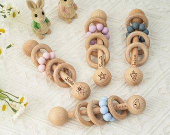 Sonajero de madera personalizado para bebé, sonajero personalizado para niño y niña, sonajero grabado con nombre, juguete sensorial para bebé, regalo de baby shower, regalo para recién nacido