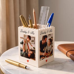 Personalised Daddy & Me Photo Brick Pencil Pot, Custom Desk Organizer