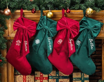 Personalized Velvet Christmas Stocking, Embroidered Bow, Holiday Decor