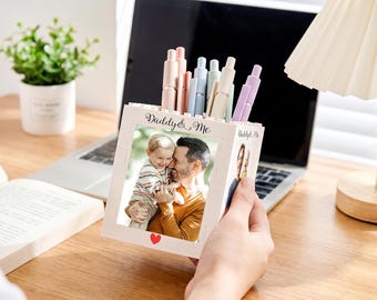 Personalised Daddy & Me Photo Brick Pencil Pot, Custom Desk Organizer