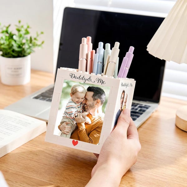 Personalised Daddy & Me Photo Brick Pencil Pot, Custom Desk Organizer