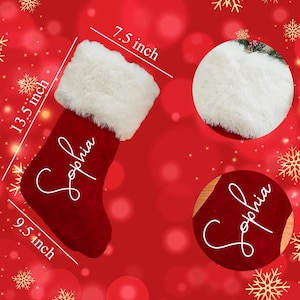 May include: Red Christmas stocking with white faux fur cuff, measuring 9.5 inches by 7.5 inches and 13.5 inches tall, personalized with the name "Sophia".