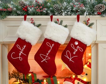 Red Plush Christmas Stocking,2025 Family Christmas Stockings, Personalized Christmas Stockings,Custom Holiday Stocking,Xmas Ornament Gifts