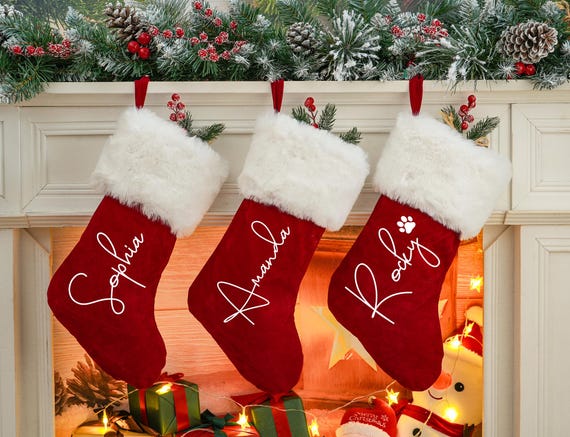 Calza Di Natale Personalizzabile 45,7 Cm | Rossa In Acrilico Con Etichetta Nome | Calzoni Natalizi Da Appendere Con Lettera | Decorazioni Festive - 3