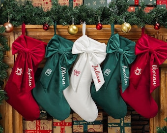 Personalized Velvet Christmas Stocking, Embroidered Bow, Holiday Decor