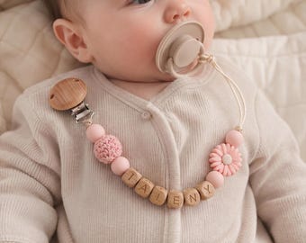 Personalized Wooden Pacifier Clip, Custom Baby Name Holder, Beech Wood Silicone Beads