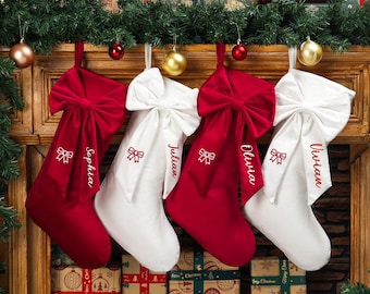 Personalized Velvet Christmas Stocking, Embroidered Bow, Holiday Decor