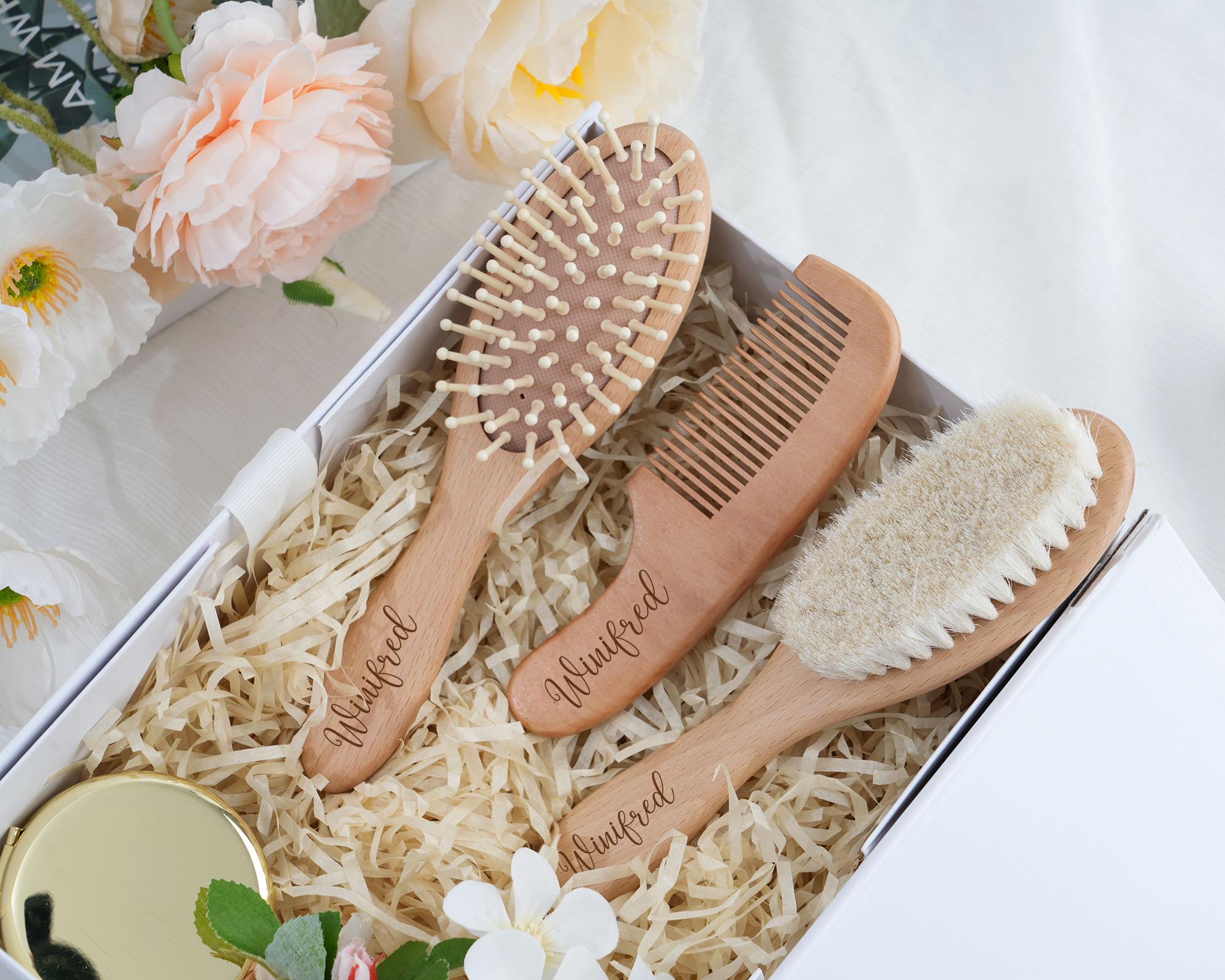 4 piece wooden baby hair brush and comb set sales
