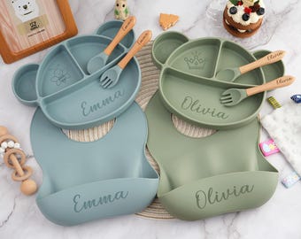 Personalized Silicone Baby Weaning Set, Baby Plate Set with Name, Engraved  Silicone Bib for Toddler, Baby Feeding Set, Baby Shower Gifts