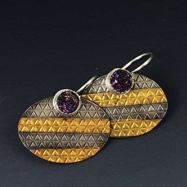 Gold and Silver Earrings with Purple Druzy and Striped Keum Boo