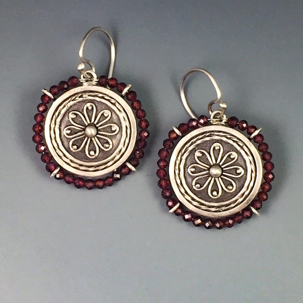 Circa Granulated Sterling Silver Wire Earrings with Faceted Garnet Beads