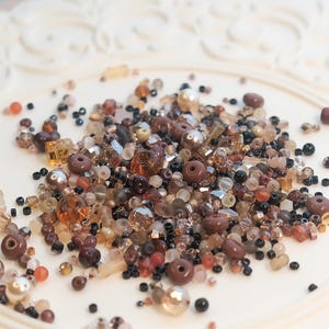 May include: A selection of mixed beads in brown, amber, and clear tones. The beads are of various shapes and sizes, including round, square, and cylindrical. Some have a metallic finish, while others are transparent. The beads are spread out on a white surface.