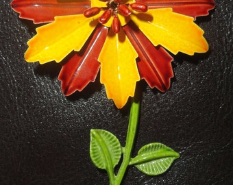 Vintage Enamel Flower Brooch in bright red / yellow / green