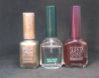 Vintage Nail Polish Lacquer Naturistics 1176 Super Shine Quick Dry 90 second dry gold deep maroon Natural Glow 80 Rah Rah Red 86 eggplant