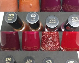 Vintage Nail Polish Lacquer Revlon 120 hushed blush 130 iced spice 247 passionate 570 vixen 620 bewitching 678 daring graffiti 680 Revln red