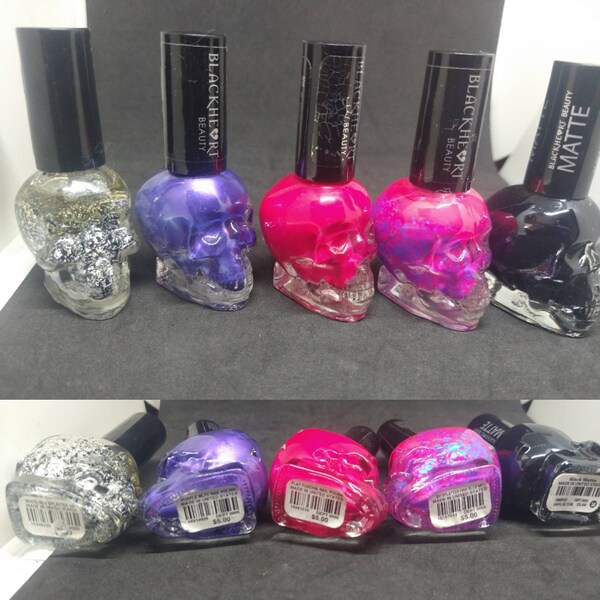 Nail Polish used BlackHeart Beauty skull bottles splatter purple flat fuchsia black matte