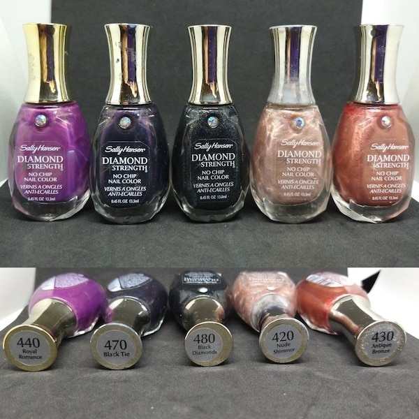 Vintage Nail Polish used Sally Hansen Diamond Strength faceted bottle 440 470 480 420 430 215 260 370 150 glass slipper