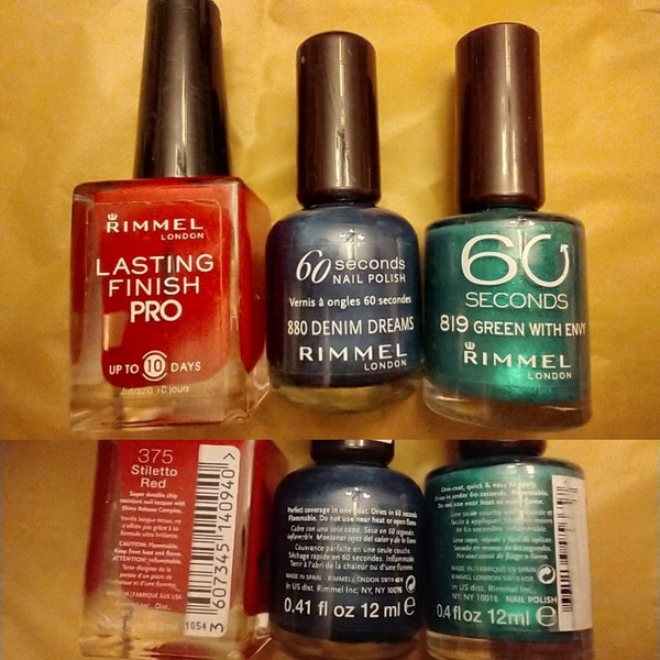 Vintage Nail Polish used Rimmel Lycra Wear Lasting Finish 390 Russia 401 Blue Ice 375 60 second 880 denim dreams 819 green 808 Shocker