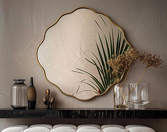 Elegant Wall Mirror with Unique Scalloped Frame and Modern Gold Accents for Living Room, Entryway, or Bedroom Home Decor