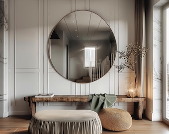 Round Gold Wall Mirror — Handmade Decorative Mirror for Bathroom, Entryway & Living Room