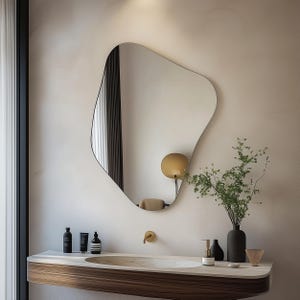 May include: An irregular, organic-shaped wall mirror with a thin frame hangs above a floating vanity. The vanity features a light-colored stone countertop, a dark wood base, and a gold faucet. Several dark bottles and a vase with green foliage sit on top.