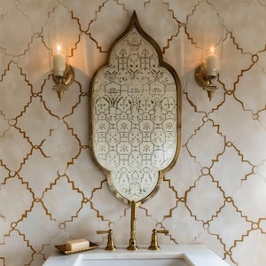 Moroccan Inspired Gold Wall Mirror with Wooden Frame – Exotic Bathroom Vanity Mirror in Arched Design, Luxury Boho Home Wall Décor