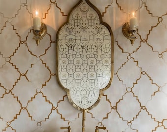 Moroccan Inspired Gold Wall Mirror with Wooden Frame – Exotic Bathroom Vanity Mirror in Arched Design, Luxury Boho Home Wall Décor