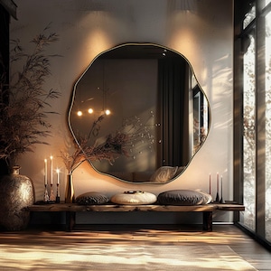 Organische asymmetrische wandspiegel, spiegel met onregelmatige gouden houten lijst, moderne halspiegel, boho-woonkamerspiegel, uniek wanddecor