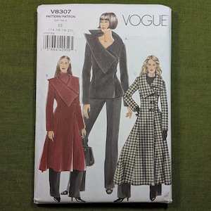May include: Vogue sewing pattern V8307, size EE (14-16-18-20), featuring illustrations of three coat and jacket variations. The designs include a dark grey jacket with trousers, a solid red coat, and a black and white houndstooth patterned coat.