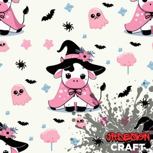 Cow Witch Seamless Design Pattern | PNG Digital Download | Halloween Seamless Pattern | Halloween PNG | Witch Hat Halloween Pattern