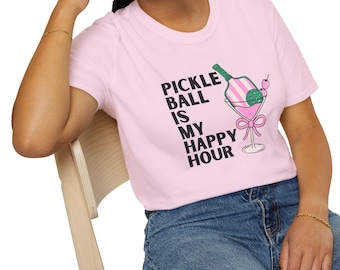 Pickleball Is My Happy Hour Unisex Softstyle Shirt, Pickleball Lover Tee, Funny Pickleball Shirt, Pickleball Player Fan Gift, Pinoy Pride