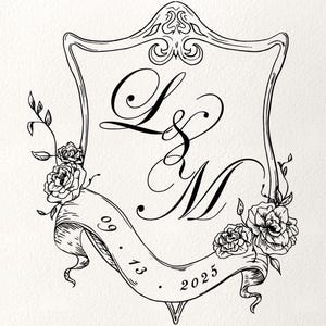 Puede incluir: Ilustración en blanco y negro de un escudo de boda. El escudo presenta las iniciales "L & M" en escritura elegante, una cinta con la fecha "09.13.2025" y adornos florales, incluyendo rosas y hojas.