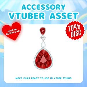 May include: A red gemstone earring with a silver setting. The earring is a teardrop shape with a smaller red gemstone and a diamond above it. The earring is a virtual asset for VTubers and is available for instant download. The text "70% DISC" is in a red circle.