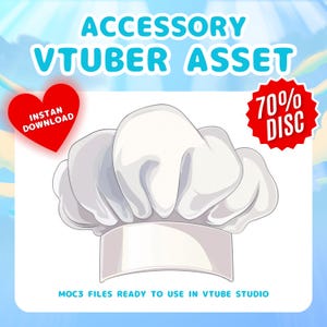 May include: White chef hat 3D model for use in VTuber Studio.  The model is ready to download and use.  The image includes the text "ACCESSORY VTUBER ASSET" and "70% DISC".
