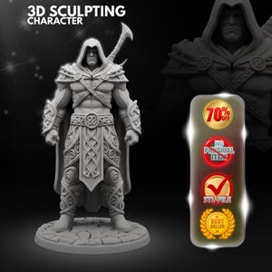 May include: A gray 3D sculpting character figurine of a hooded warrior with an axe on their back, wearing intricate armor with Celtic-style knotwork patterns. The image includes text reading 3D SCULPTING CHARACTER, 70% OFF, NO PHYSICAL ITEM, STL FILE, and BEST SELLER.