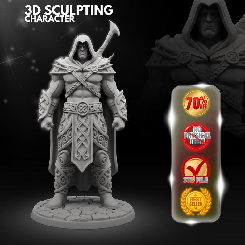 May include: A gray 3D sculpting character figurine of a hooded warrior with an axe on their back, wearing intricate armor with Celtic-style knotwork patterns. The image includes text reading 3D SCULPTING CHARACTER, 70% OFF, NO PHYSICAL ITEM, STL FILE, and BEST SELLER.