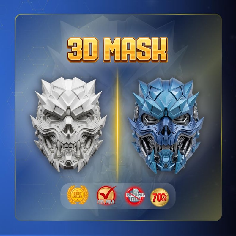 K&ouml;nnte beinhalten: Eine digitale Grafik mit dem Text 3D MASK am oberen Rand. Darunter sind zwei Versionen einer mechanischen, kantigen Totenkopfmaske nebeneinander abgebildet: eine in reinem Wei&szlig; und eine in Metallic-Blau. Unten befinden sich vier runde Symbole.