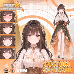 Puede incluir: Un modelo de personaje estilo anime 3D con cabello largo castaño, vistiendo una blusa blanca con detalles dorados, un corsé verde oscuro y una falda asimétrica. La imagen incluye cuatro expresiones faciales y el texto FREE 4 EXPRESSION y CUSTOM 3D VROID.