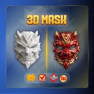 K&ouml;nnte beinhalten: Eine digitale Anzeige mit dem Text 3D MASK und zwei detaillierten Masken im mechanischen Stil. Eine Maske ist einfarbig wei&szlig;, die andere ist metallisch rot und gold. Darunter befinden sich vier runde Symbole f&uuml;r Best Seller, STL File, No Physical Item und 70% Off.