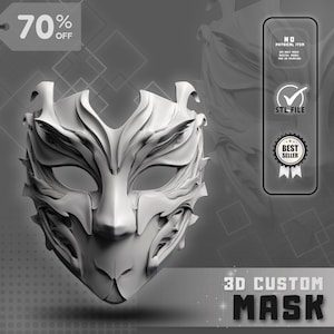 Puede incluir: Una máscara blanca con un diseño intrincado, con un rostro estilizado y líneas fluidas. La imagen incluye texto que indica un 70% de descuento y la frase "3D CUSTOM MASK". Texto adicional indica un archivo STL y un best seller.