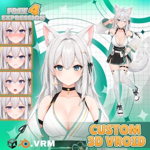 Pode incluir: Um modelo de personagem estilo anime 3D com cabelo branco, orelhas de gato e olhos azuis, vestindo um traje branco e verde-azulado com uma saia preta. A imagem inclui quatro expressões faciais e o texto FREE 4 EXPRESSION e CUSTOM 3D VROID.
