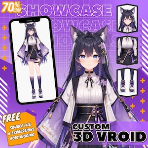 May include: A digital illustration of a character with black hair, blue eyes, and cat ears, wearing a white and purple outfit. The image includes the text "SHOWCASE" and "CUSTOM 3D VROID". Additional graphics show the character's outfit and accessories.