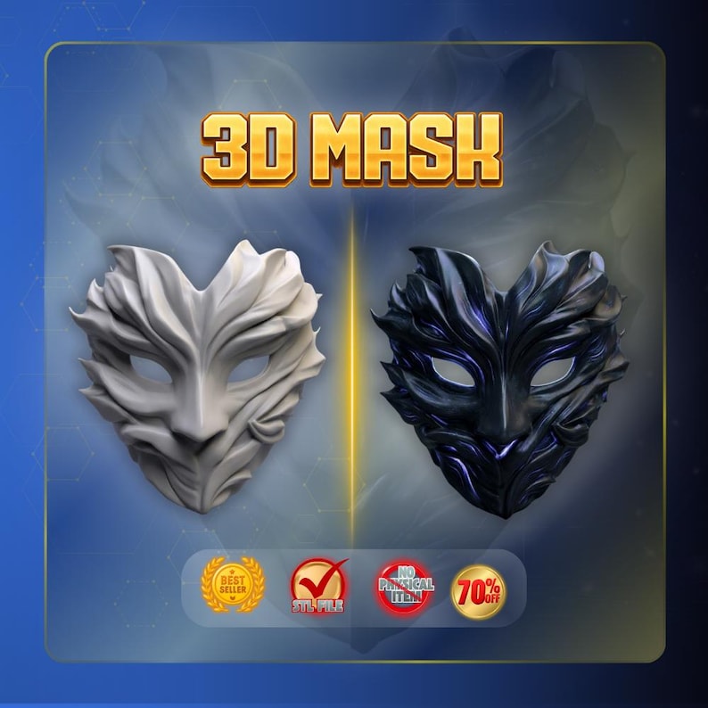 K&ouml;nnte beinhalten: Eine digitale Anzeige mit dem Text 3D MASK und zwei stilisierten Masken, eine in mattem Wei&szlig; und eine in Dunkelblau mit schwarzen Akzenten. Darunter befinden sich vier runde Symbole mit den Aufschriften Best Seller, STL File, No Physical Item und 70% Off.