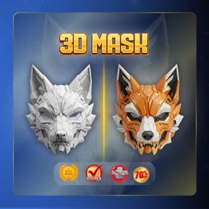 K&ouml;nnte beinhalten: Eine digitale Grafik mit zwei 3D-Maskendesigns eines Fuchskopfes. Eine Maske ist einfarbig wei&szlig;, die andere orange, wei&szlig; und schwarz. Der Text 3D MASK erscheint oben, darunter Symbole f&uuml;r Bestseller, STL-Datei, kein physischer Artikel und 70% Rabatt.