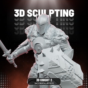 Op de afbeelding: Een lichtgrijs 3D-geprint ridderfiguur met een zwaard en een schild met stekels. De ridder draagt een harnas met schouderstukken in de vorm van leeuwenkoppen en een helm. De tekst luidt 3D SCULPTING en 3D KNIGHT 2 JACOBJOLLIFFEJO.