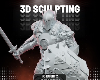 May include: A light gray 3D printed knight figurine holding a sword and a spiked shield. The knight wears armor with lion head shoulder pauldrons and a helmet. Text reads 3D SCULPTING and 3D KNIGHT 2 JACOBJOLLIFFEJO.