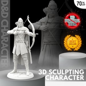 Może przedstawiać: Biała figurka postaci rzeźbionej w 3D łucznika, trzymającego łuk i strzałę, z napisem "3D Sculpting Character". Tło przedstawia wyblakły obraz tej samej postaci. Słowa "D&D Character" znajdują się po lewej stronie.