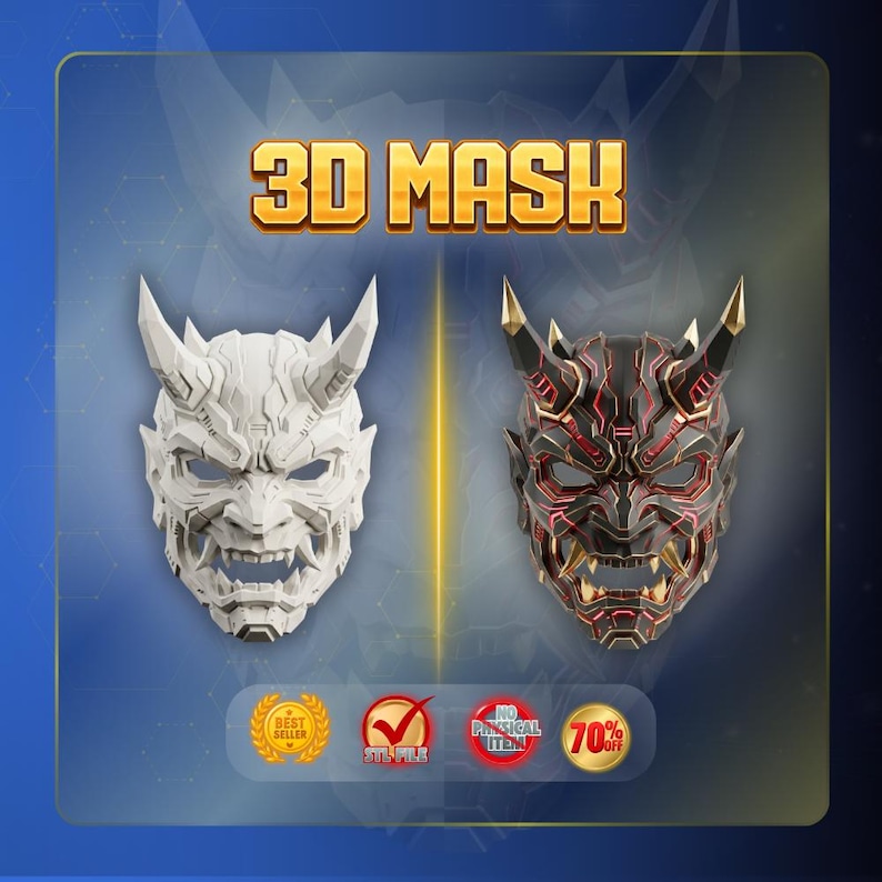 K&ouml;nnte beinhalten: Eine digitale Anzeige mit 3D MASK und zwei Masken im Oni-Stil. Eine ist schlicht wei&szlig;, die andere schwarz mit roten und goldenen Akzenten. Symbole am unteren Rand enthalten die Textbeschriftungen BEST SELLER, STL FILE, NO PHYSICAL ITEM und 70% OFF.