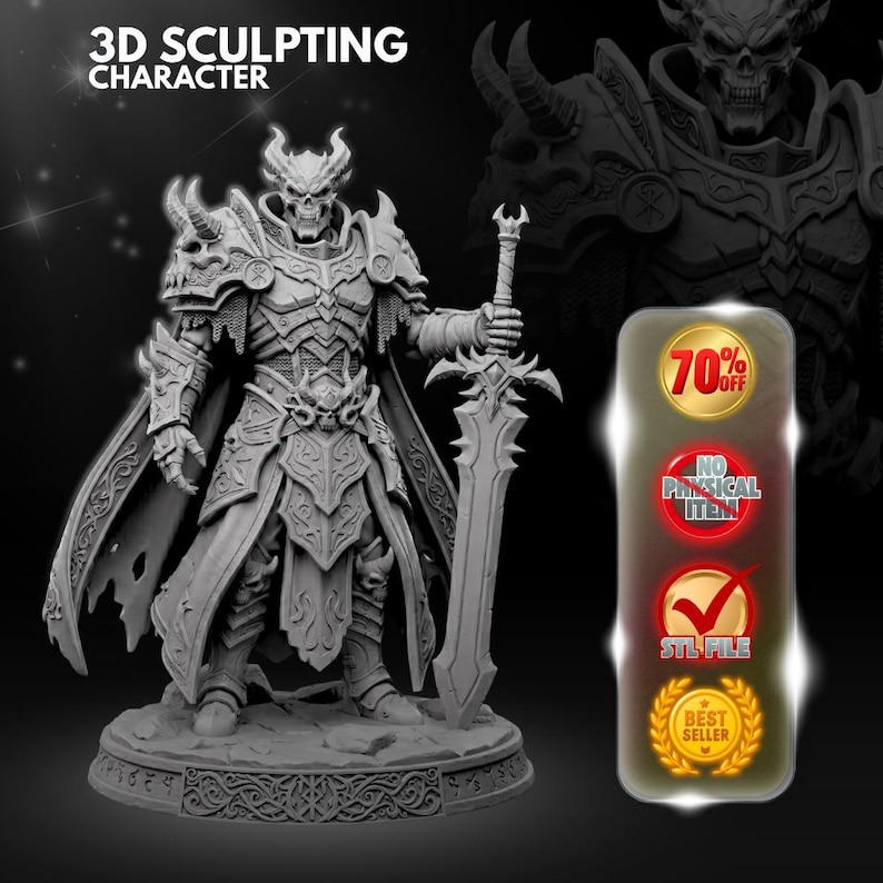 May include: A gray 3D sculpted character figurine featuring a horned skull-faced warrior in ornate armor holding a large sword. The image includes text reading 3D SCULPTING CHARACTER, 70% OFF, NO PHYSICAL ITEM, STL FILE, and BEST SELLER.